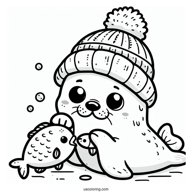 Cartoon Eskimo Feeding Fish To A Seal Coloring Page