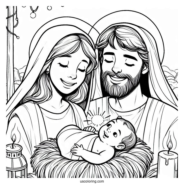 Nativity Coloring Page Of Smiling Joseph And Mary With Baby Jesus
