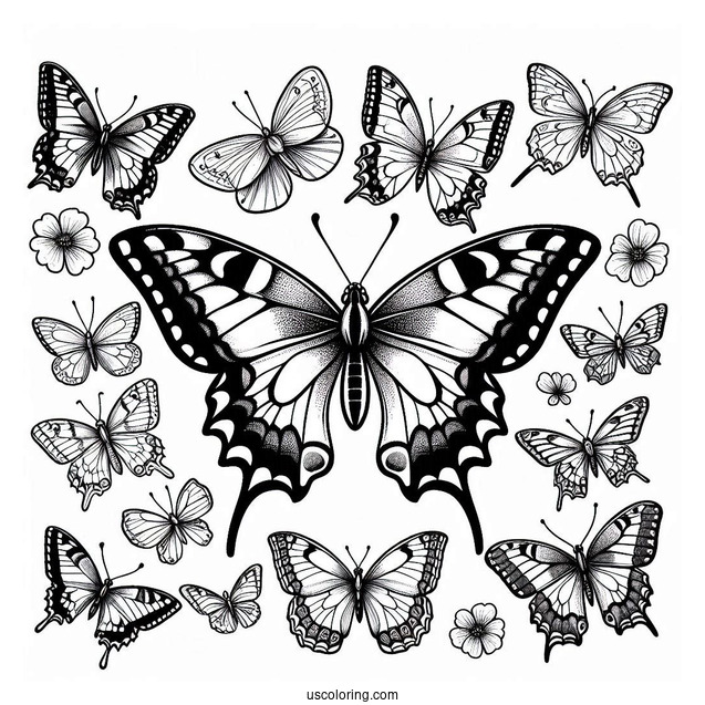 Swallowtail Butterfly With Other Butterflies To Color