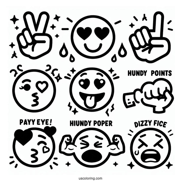 Peace Sign, Winking With Tongue, Heart Eyes, Heart, Raising Hands, Party Popper, Loudly Crying, Hundred Points, Folded Hands, Blow a Kiss, Flexed Biceps, Dizzy Face Emoji Coloring Page