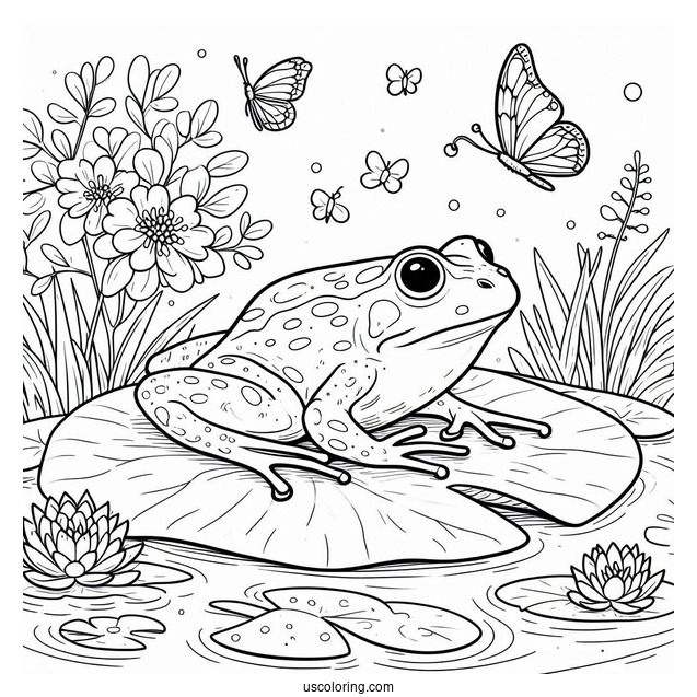 Frog On Lily Pad In Spring Coloring Page
