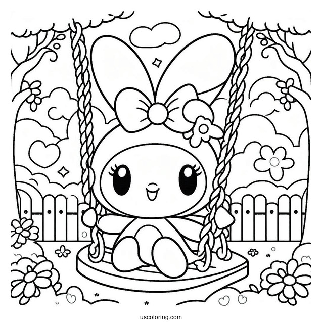 My Melody Coloring Page On A Swing With Risu