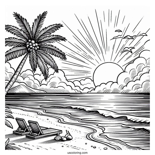 Sun Rising On The Horizon At The Beach Coloring Page