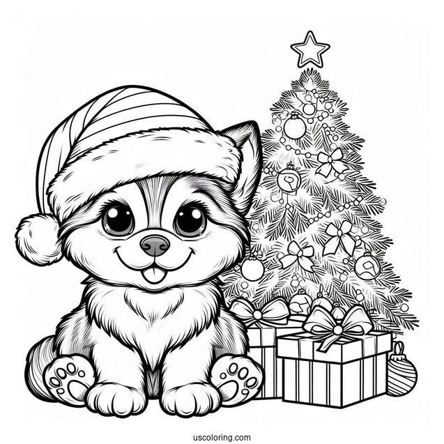 Husky Wearing Santa Hat In Front Of Christmas Tree Coloring Page