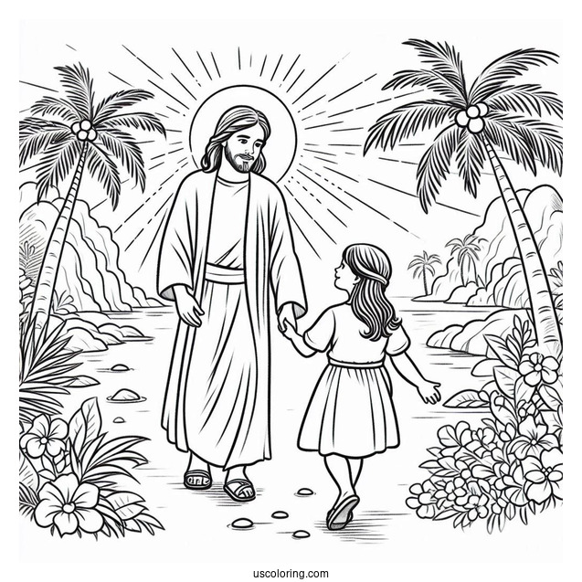 Jesus Coloring Page Walking With A Little Girl In Paradise