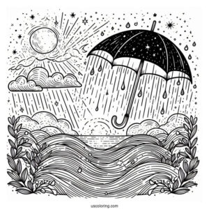 Rain Coloring Page Falling On Umbrella