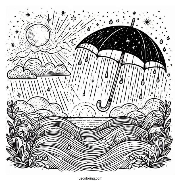 Rain Coloring Page Falling On Umbrella