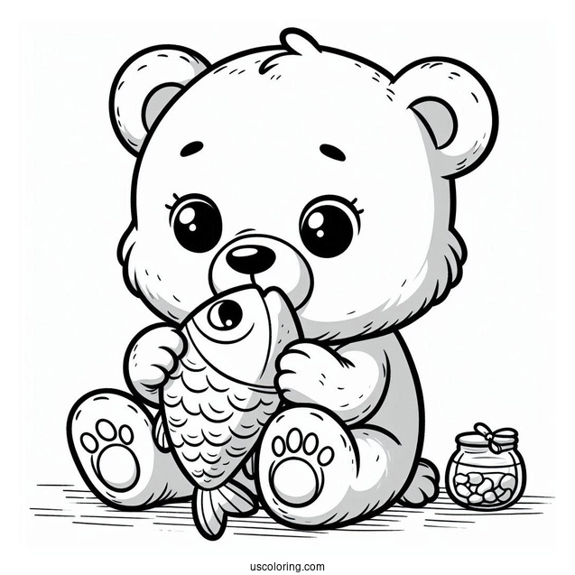 Easy Baby Bear Coloring Page Chewing On Fish