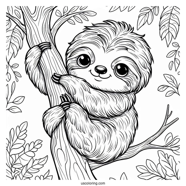 Baby Sloth Hanging From Tree Coloring Sheet