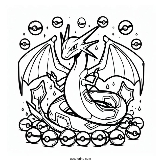 Rayquaza Coloring Page Surrounded By Pokeballs