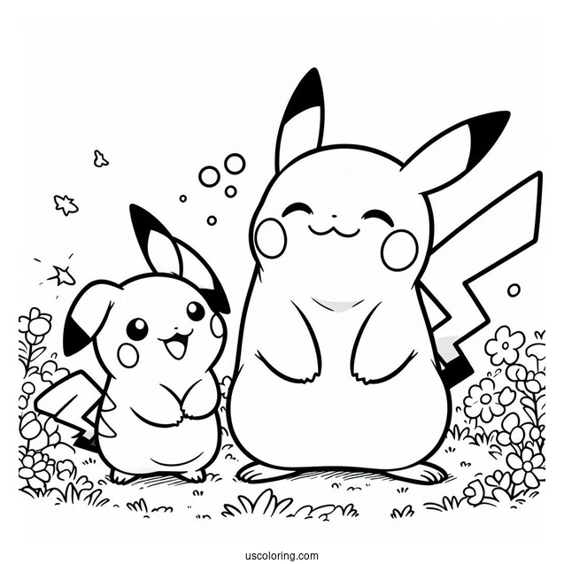 Happy Pikachu And Raichu Coloring Page On A Field