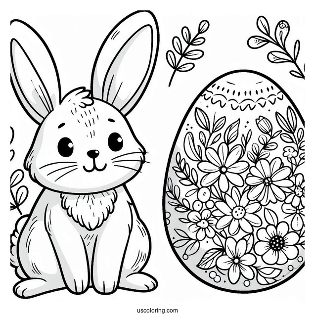 Cute Bunny And Flowers Easter Egg Coloring Page
