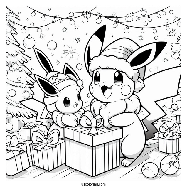 Pokemon Christmas Coloring Page Christmas Eevee And Pikachu Opening Presents