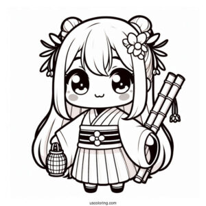 Kawaii Chibi Nezuko Coloring Page Wearing Bamboo