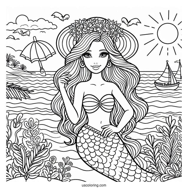 Mermaid Barbie In Ocean Coloring Sheet
