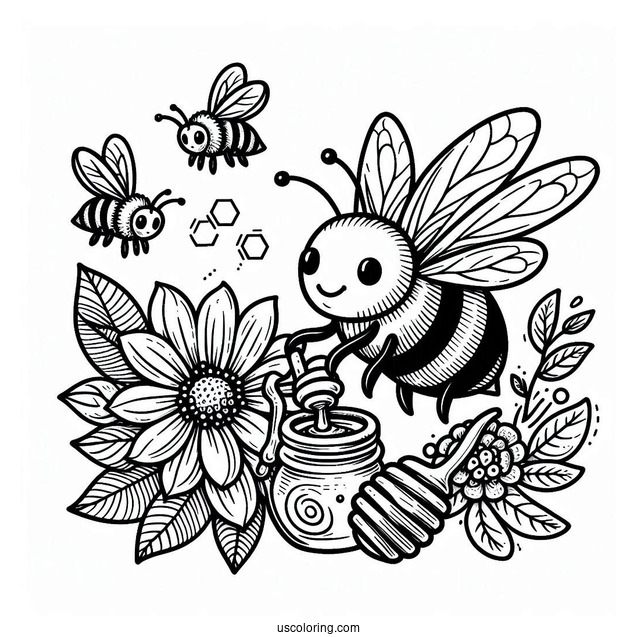 Detailed Bee Coloring Page Making Honey