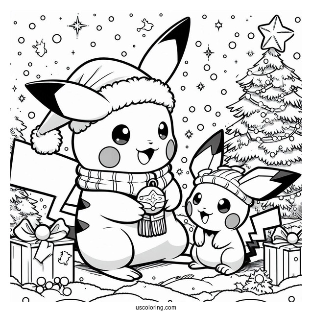 Pokemon Christmas Coloring Page Pikachu Giving Pichu A Present For Kids