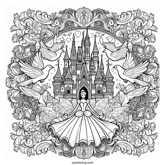 Fantastical Cinderella Mandala With A Castle And Doves
