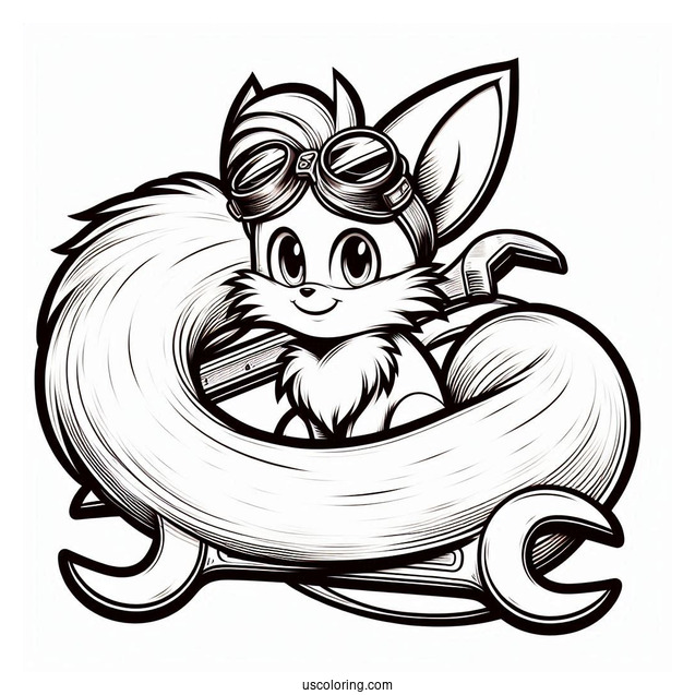 Detailed Tails Coloring Page With Goggles and Wrench