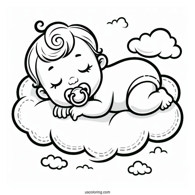 Baby Coloring Page With Pacifier Lying On Cloud