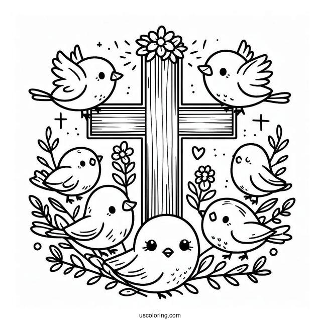 Cute Little Birds Surrounding A Cross Coloring Page For Kids