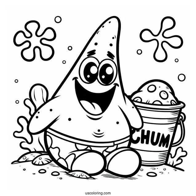 Smiling Patrick Star Coloring Page In Front Of Chum Bucket
