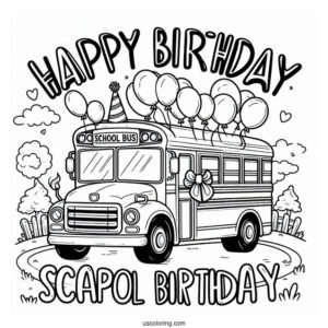 Happy Birthday School Bus Coloring Page With Balloons