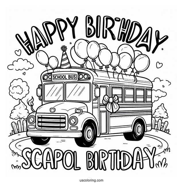 Happy Birthday School Bus Coloring Page With Balloons