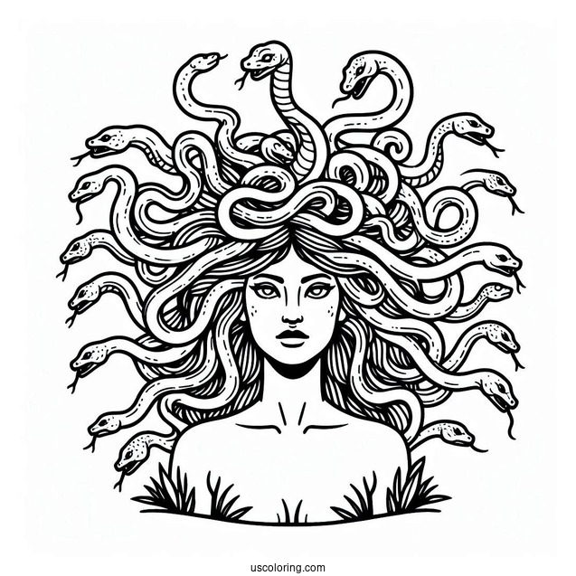 Simple Medusa Coloring Page With Head Full Of Snakes
