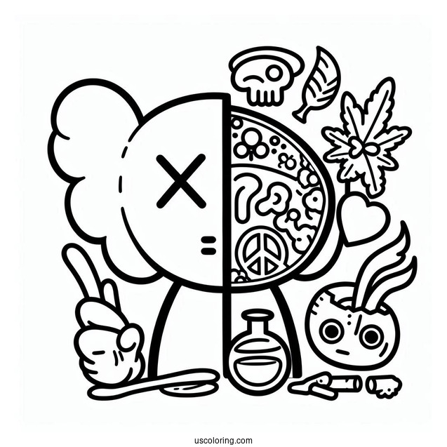 Dissected KAWS Coloring Page Companion With Hippie Elements