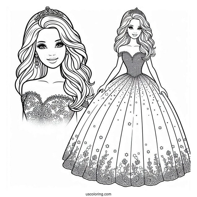 Princess Barbie In Gown Coloring Page