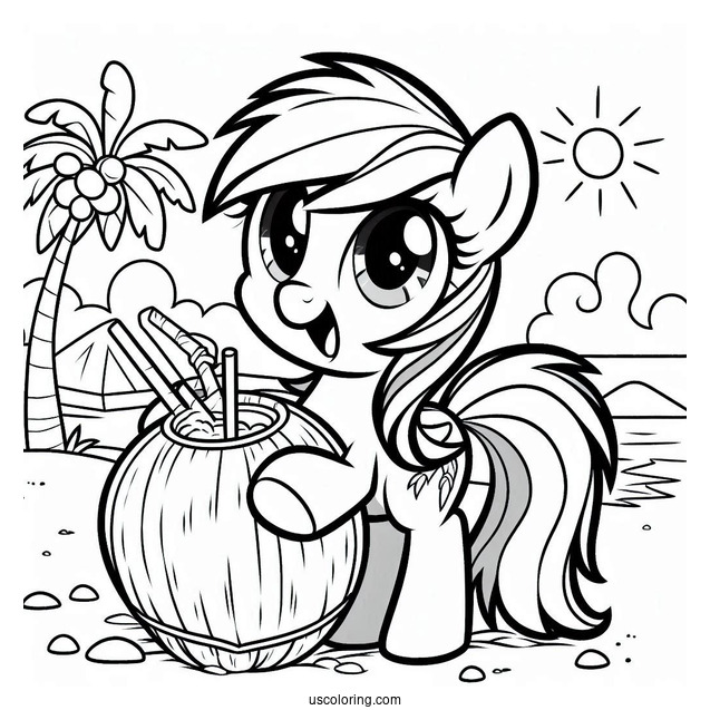 Rainbow Dash Coloring Page Holding Up Coconut Drink At The Beach