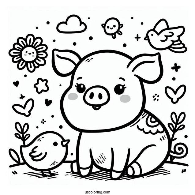 Cute Cartoon Pig With Bird