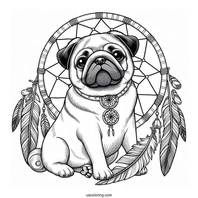 Pug Coloring Page Dreamcatcher with Feathers and Bones