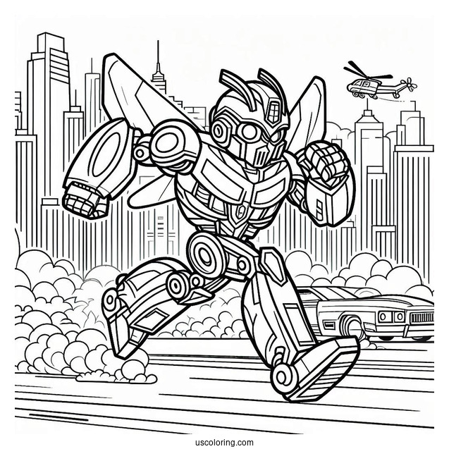 Autobot Bumblebee Coloring Page Running In The City