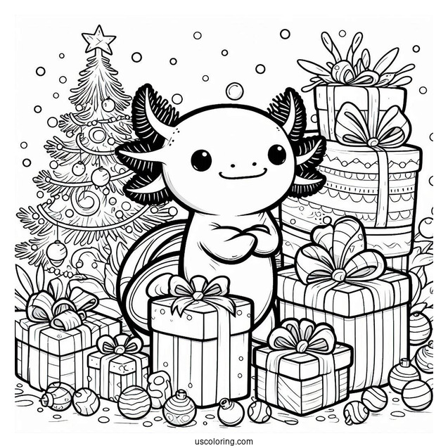 Axolotl Coloring Page Standing In The Middle Of Christmas Presents