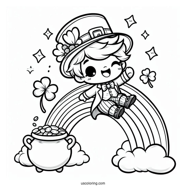 St. Patrick's Day Coloring Page Of Chibi Leprechaun Sliding Down A Rainbow To A Pot Of Gold
