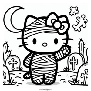 Hello Kitty Mummy Coloring Page In The Cemetery For Kids