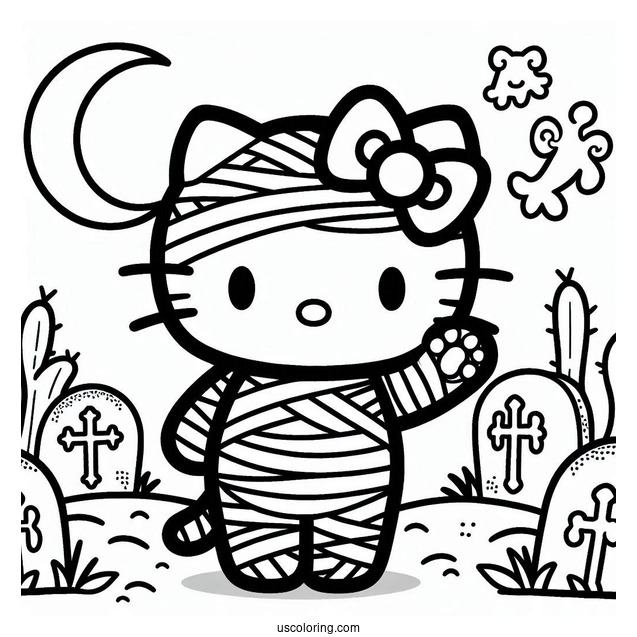 Hello Kitty Mummy Coloring Page In The Cemetery For Kids