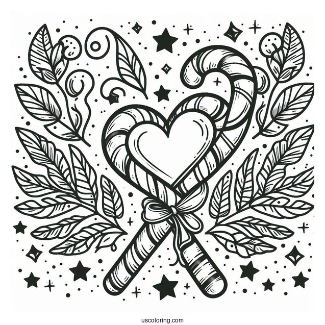 Love Heart Candy Cane Coloring Page With Laurels And Stars