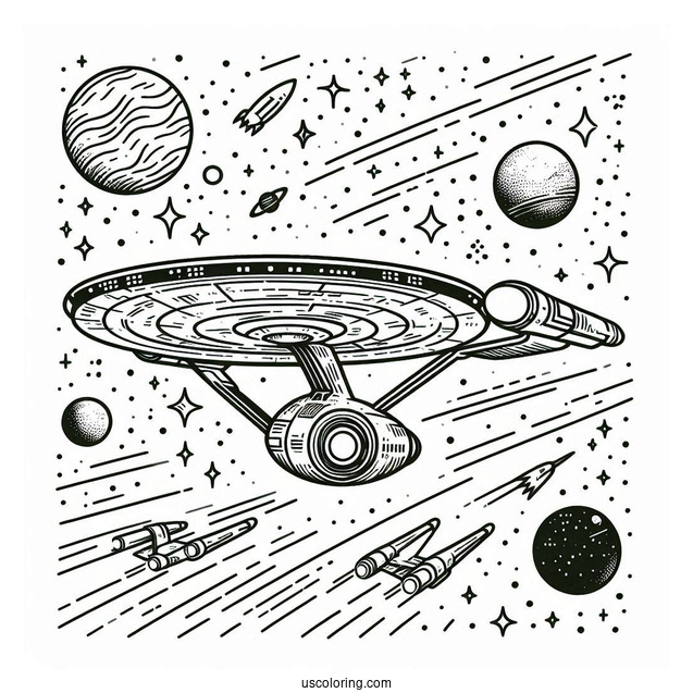 Star Trek Coloring Page Of USS Enterprise In Outer Space For Kids