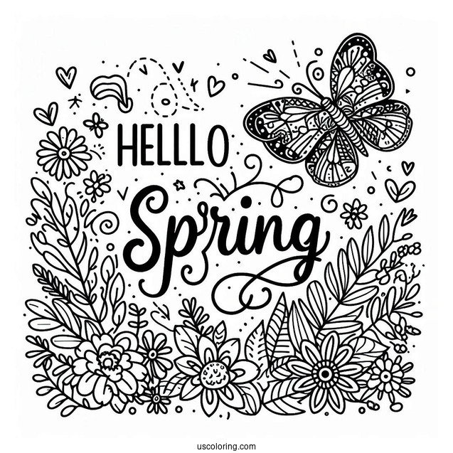 Festive Hello Spring Words With Butterfly In The Garden