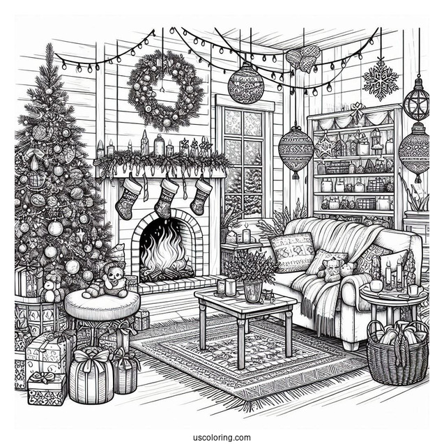 Christmas Coloring Pages For Adults Of Detailed Cozy Christmas Living Room