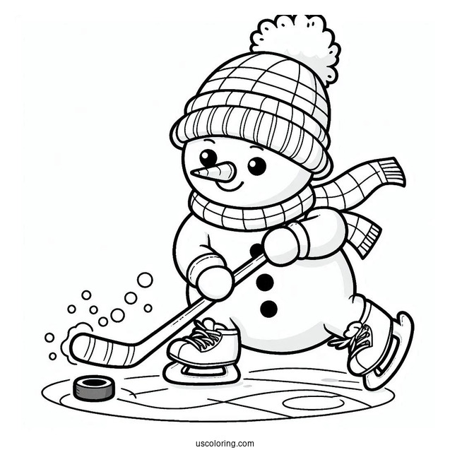 Coloring Sheet Of a Snowman Playing Ice Hockey