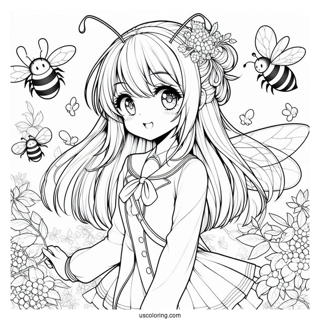 Anime Girl Bee Coloring Page Walking On A Tree Branch