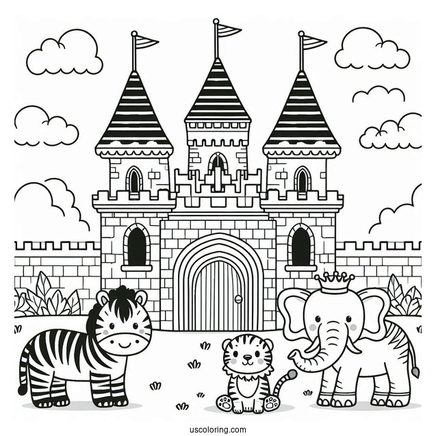 Cute Tiger, Elephant, And Zebra Outside A Castle Coloring Page For Kids