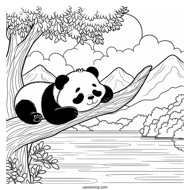 Peaceful Panda Coloring Page Sleeping on a Tree Branch Overlooking a Lake