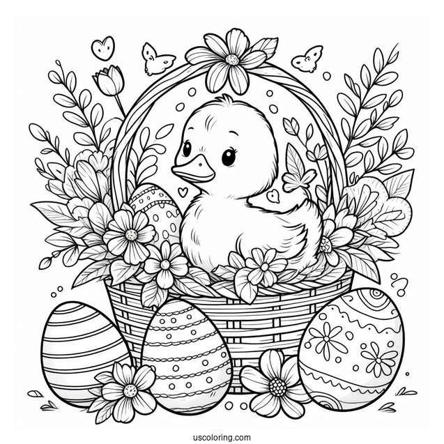 Easter Coloring Page Of Duck Inside Flower Basket With Easter Eggs
