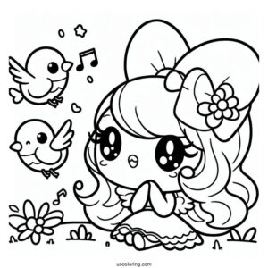 Kawaii My Melody Coloring Page Watching Bird