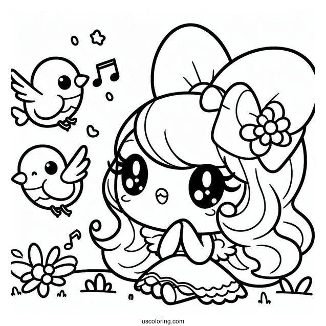 Kawaii My Melody Coloring Page Watching Bird